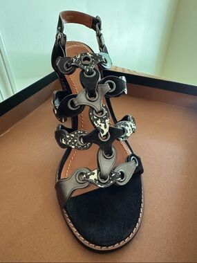 Coach Black Leather Gladiator Sandals with Cream Speckle Accents